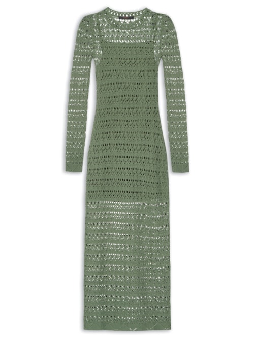 Vestido De Tricot Manga Longa Ponto Renda - Verde