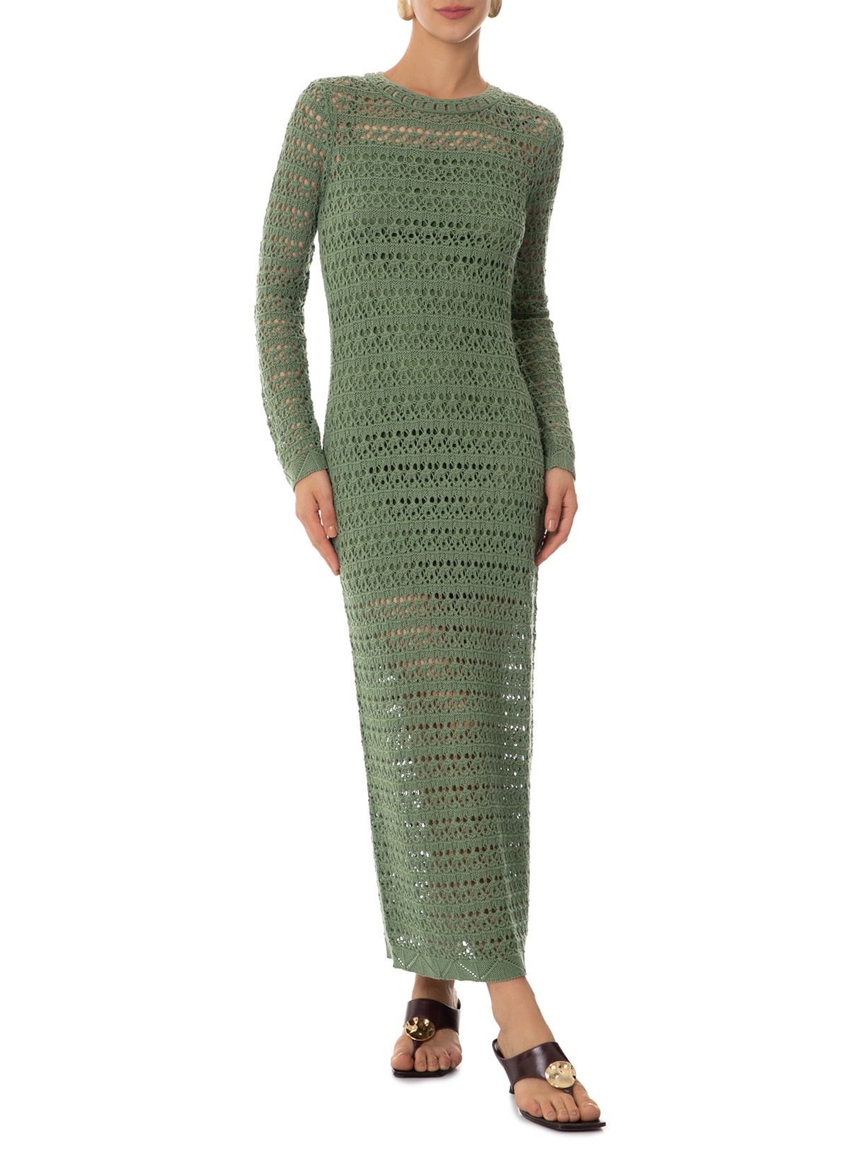 Vestido De Tricot Manga Longa Ponto Renda Verde Animale