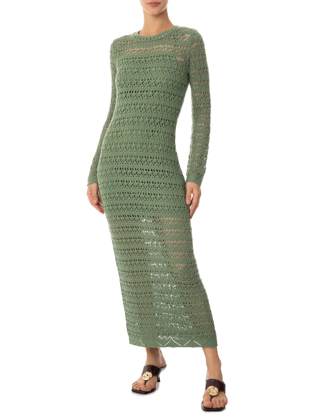 Vestido De Tricot Manga Longa Ponto Renda Verde Animale