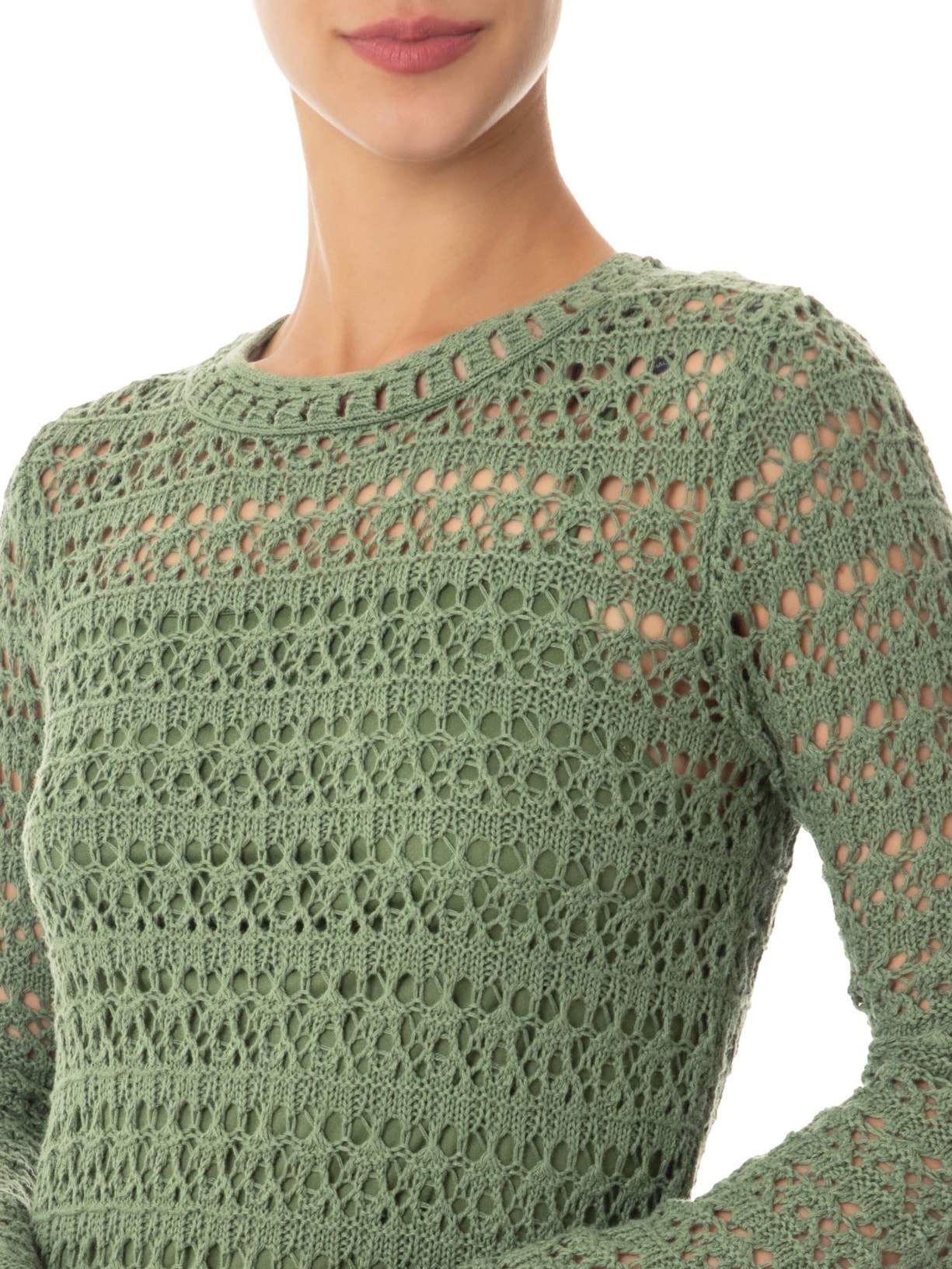 Vestido De Tricot Manga Longa Ponto Renda Verde Animale