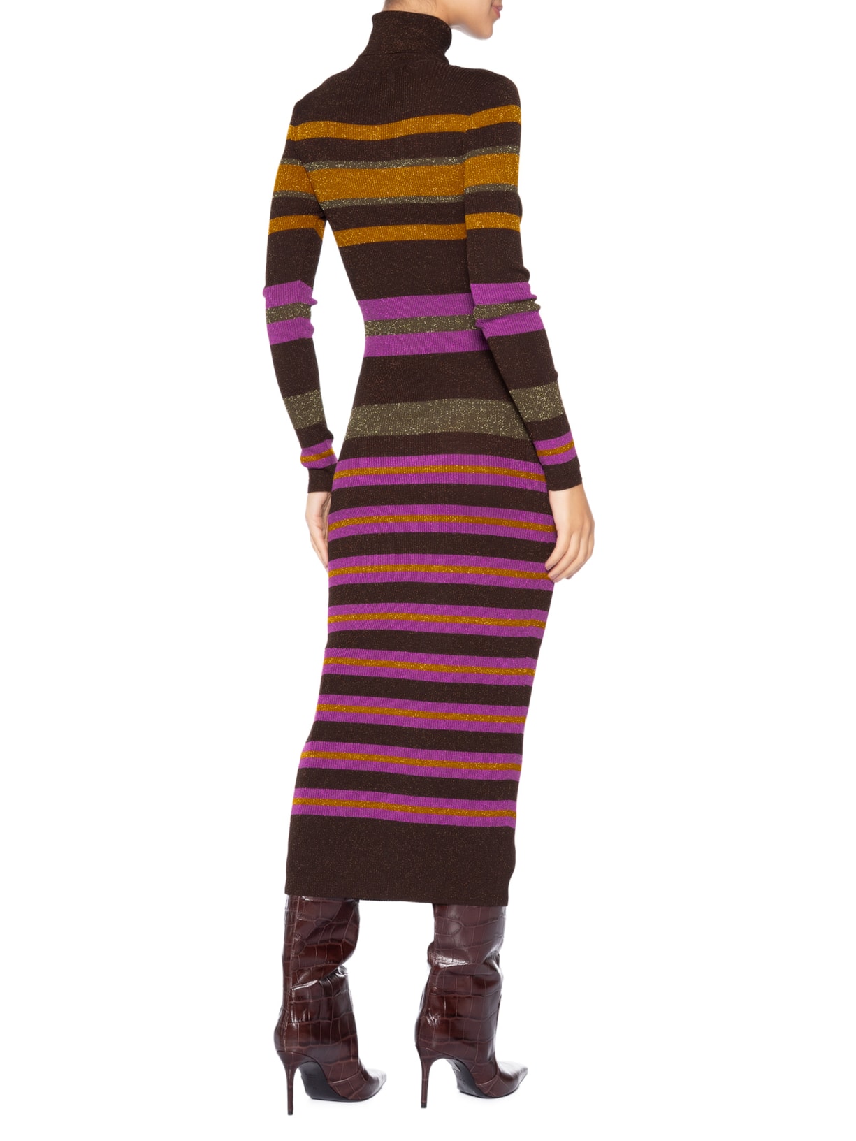 Vestido De Tricot Midi Colorido Listrado Com Lurex Gola Alta Marrom Animale