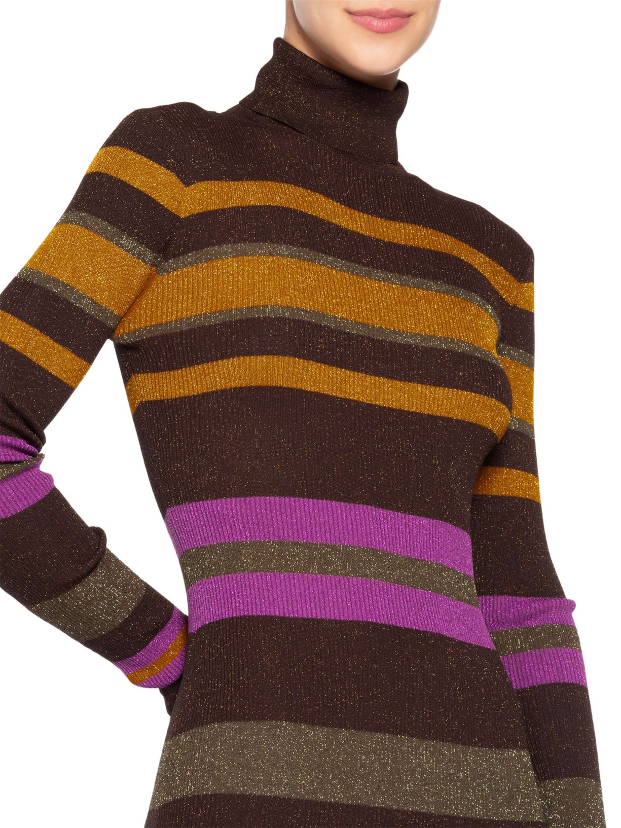 Vestido De Tricot Midi Colorido Listrado Com Lurex Gola Alta Marrom Animale