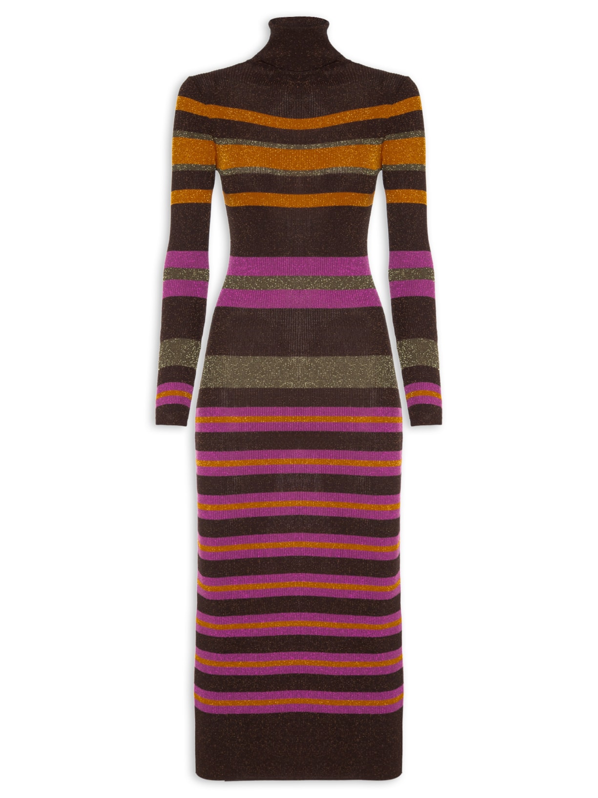 Vestido De Tricot Midi Colorido Listrado Com Lurex Gola Alta Marrom Animale