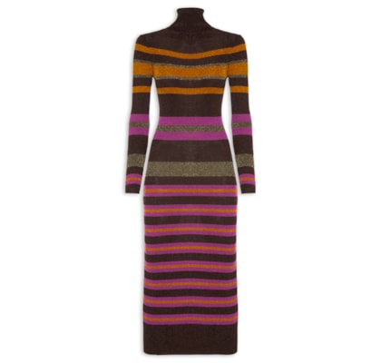 Vestido De Tricot Midi Colorido Listrado Com Lurex Gola Alta - Marrom