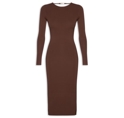 Vestido De Tricot Midi Com Abertura Costas - Marrom
