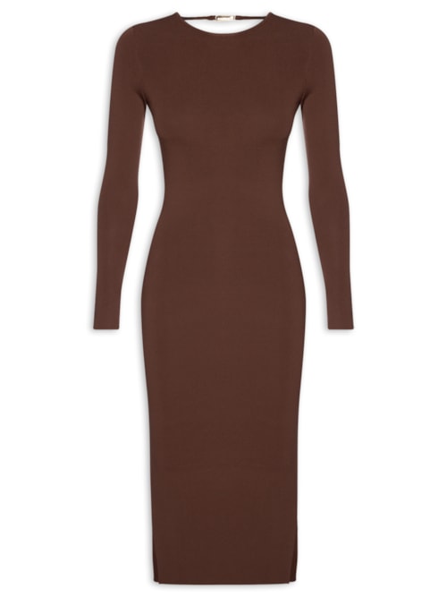 Vestido De Tricot Midi Com Abertura Costas - Marrom