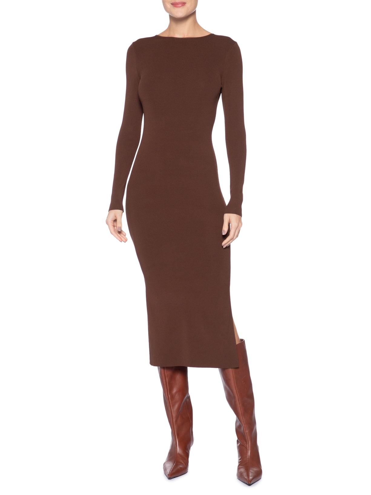 Vestido De Tricot Midi Com Abertura Costas Marrom Animale