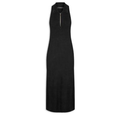 Vestido De Tricot Midi Com Decote Polo E Fendas - Preto