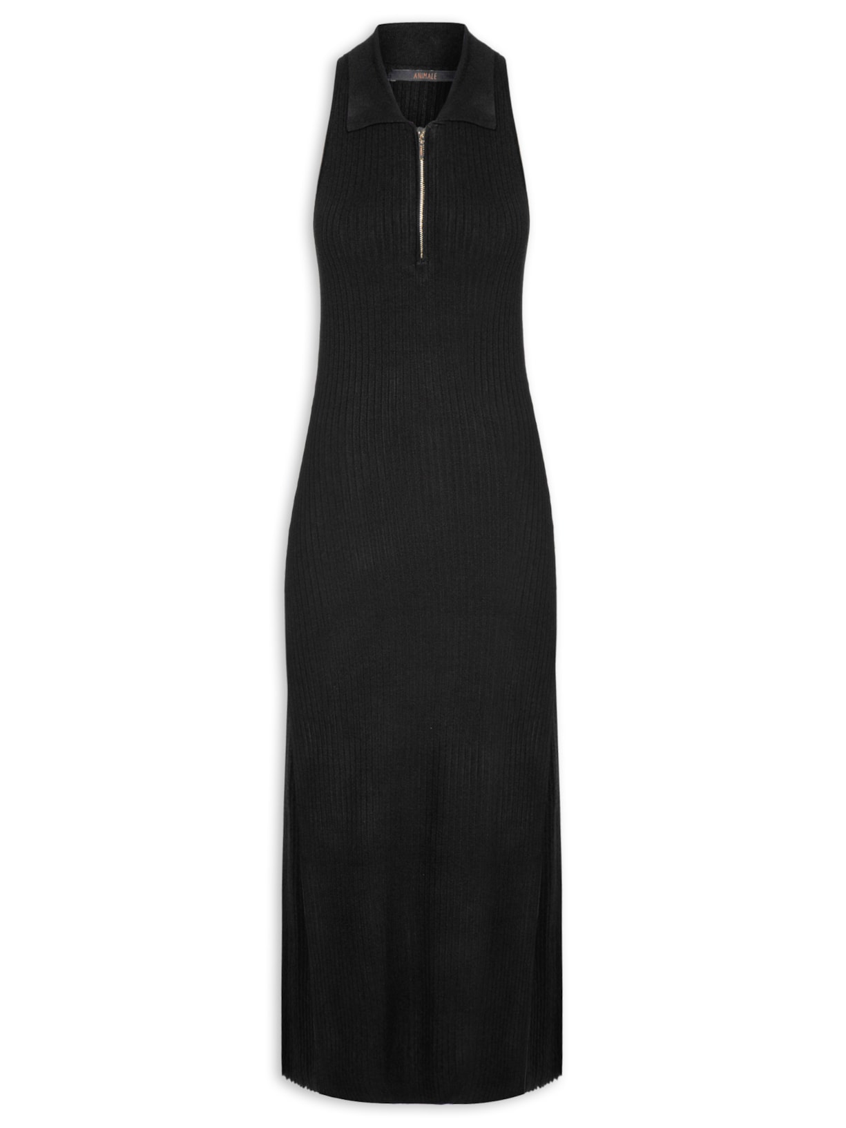 Vestido De Tricot Midi Com Decote Polo E Fendas - Preto