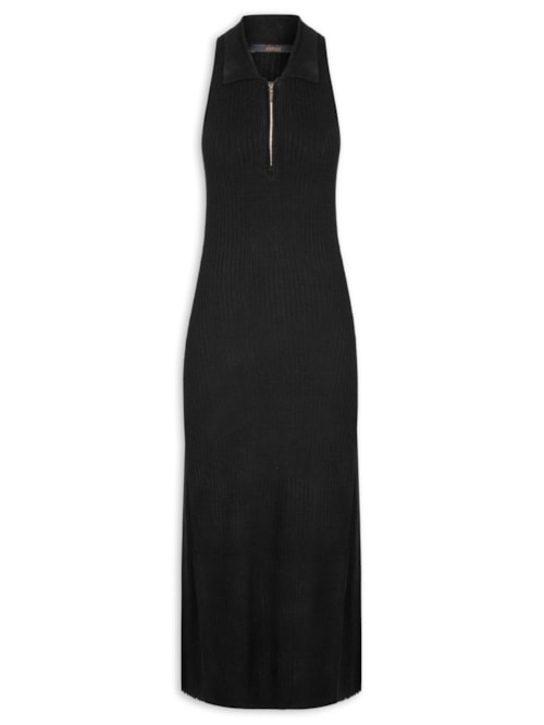 Vestido De Tricot Midi Com Decote Polo E Fendas - Preto
