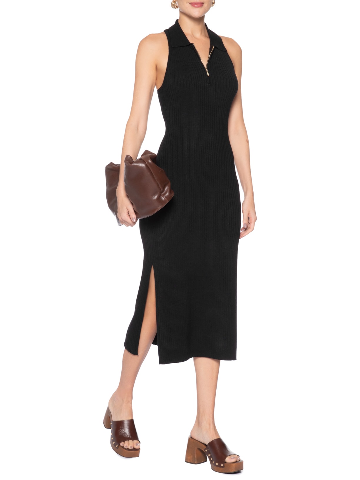 Vestido De Tricot Midi Com Decote Polo E Fendas Preto Animale