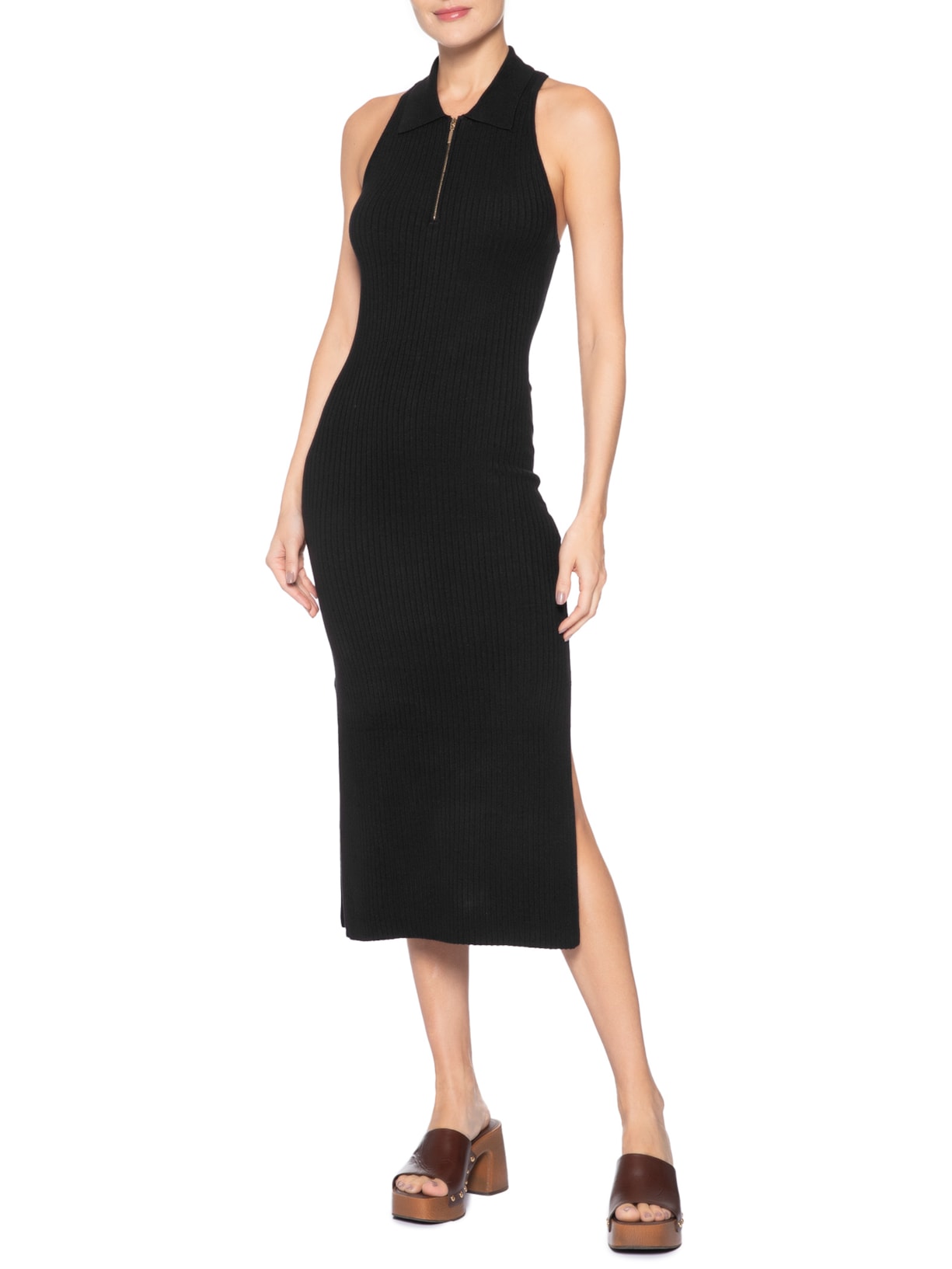 Vestido De Tricot Midi Com Decote Polo E Fendas Preto Animale