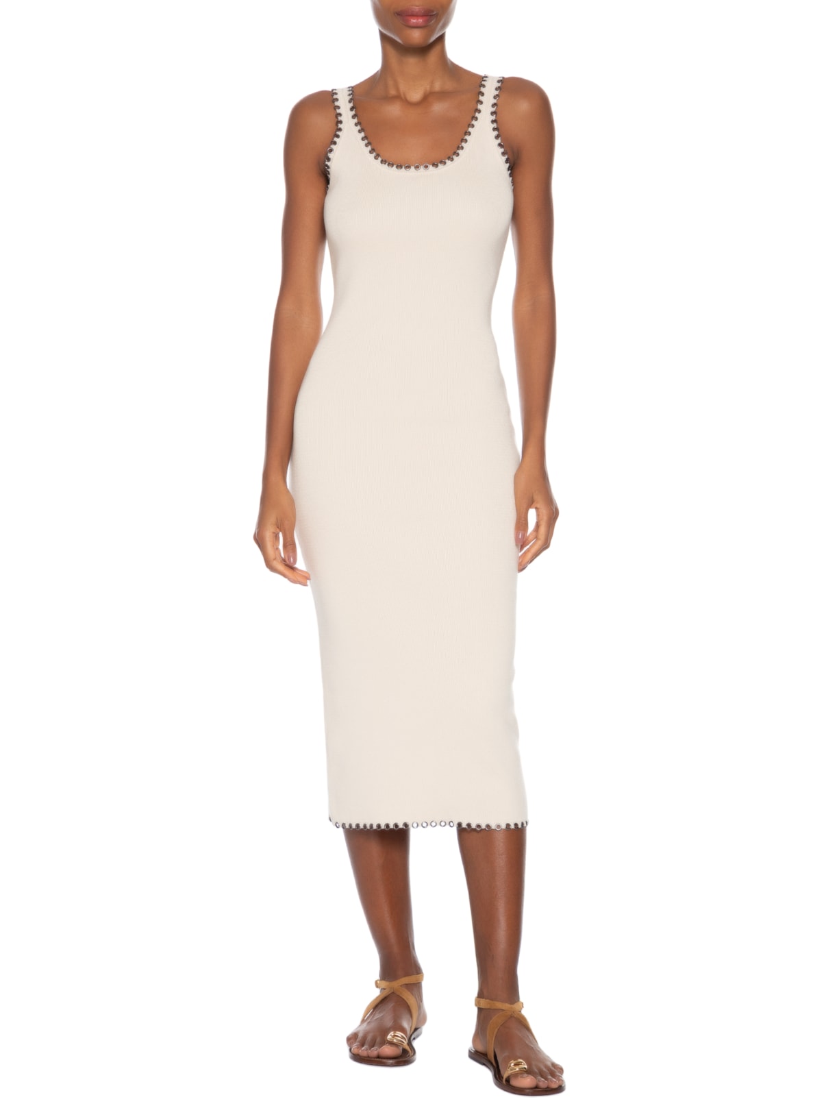 Vestido De Tricot Midi Com Ilhós Detalhe Decote Bege Animale