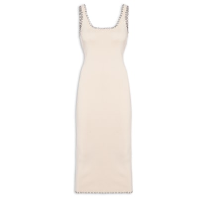 Vestido De Tricot Midi Com Ilhós Detalhe Decote - Bege