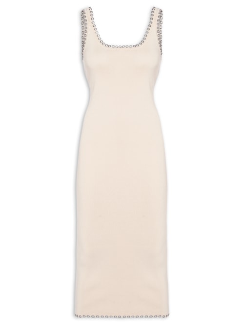 Vestido De Tricot Midi Com Ilhós Detalhe Decote - Bege