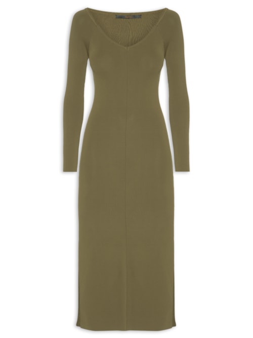 Vestido De Tricot Midi Decote Ombro A Ombro - Verde