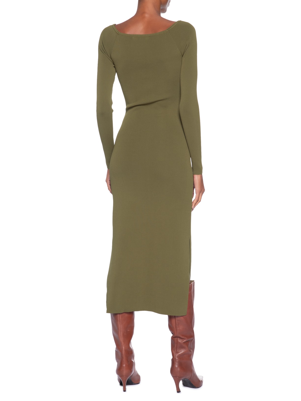 Vestido De Tricot Midi Decote Ombro A Ombro Verde Animale
