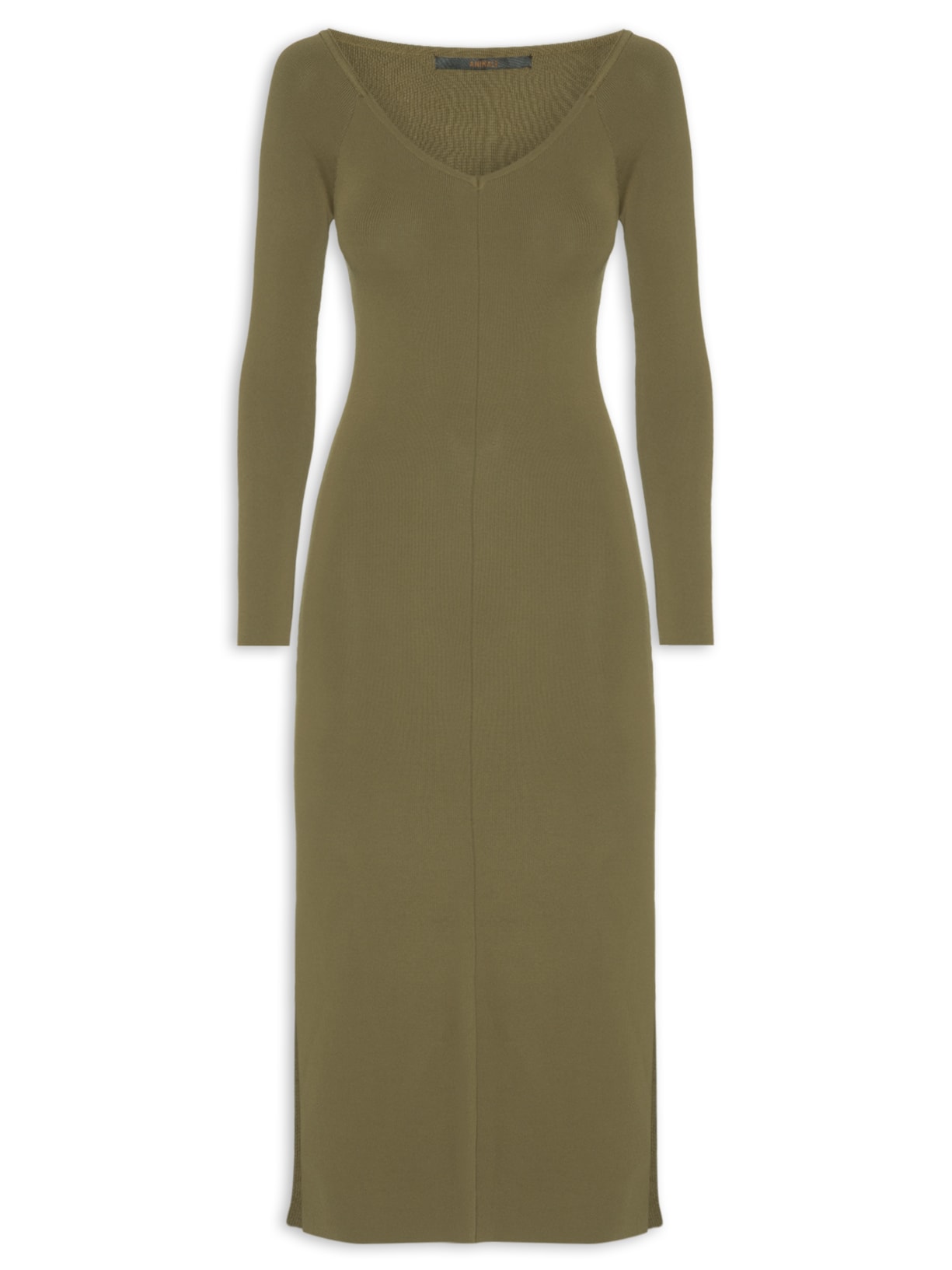 Vestido De Tricot Midi Decote V Ombro A Ombro E Fendas Laterais Verde Animale