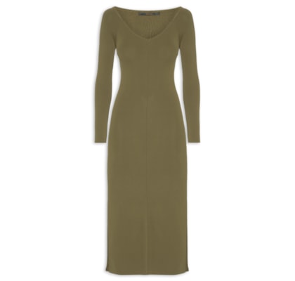 Vestido De Tricot Midi Decote V Ombro A Ombro E Fendas Laterais - Verde