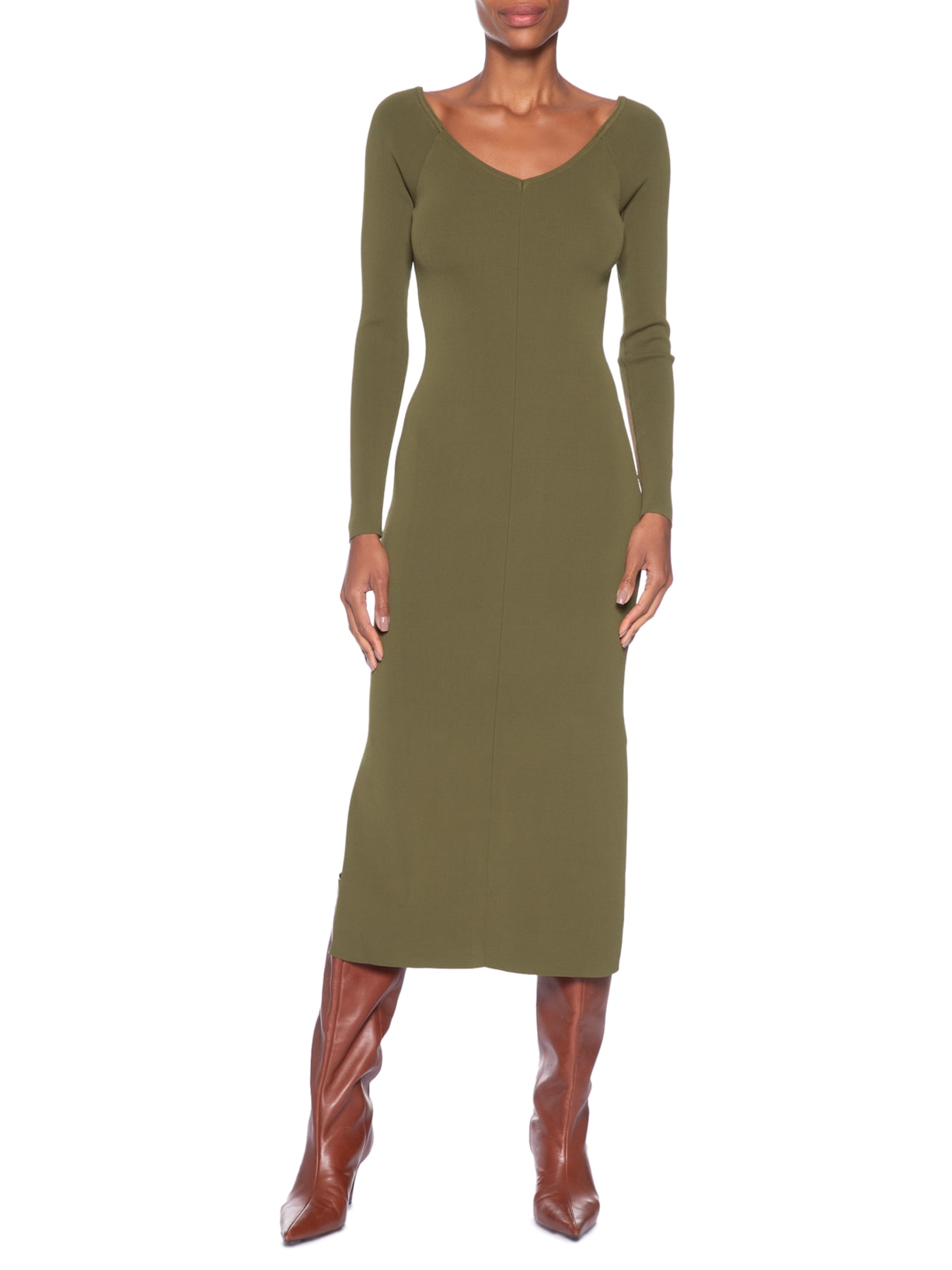 Vestido De Tricot Midi Decote V Ombro A Ombro E Fendas Laterais Verde Animale