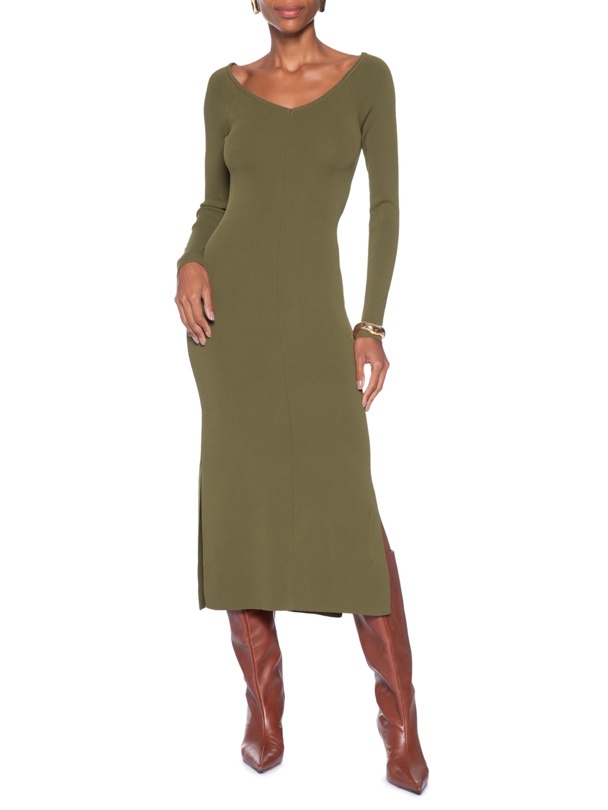 Vestido De Tricot Midi Decote V Ombro A Ombro E Fendas Laterais Verde Animale