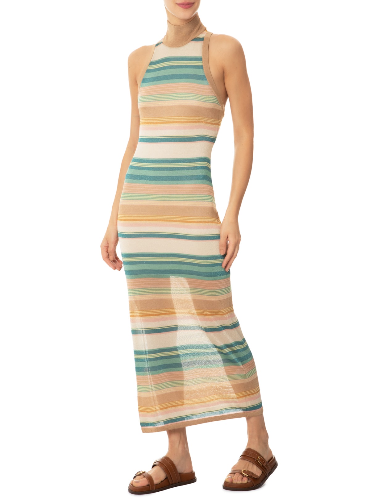 Vestido De Tricot Midi Listrado Com Gola Alta Bege Animale