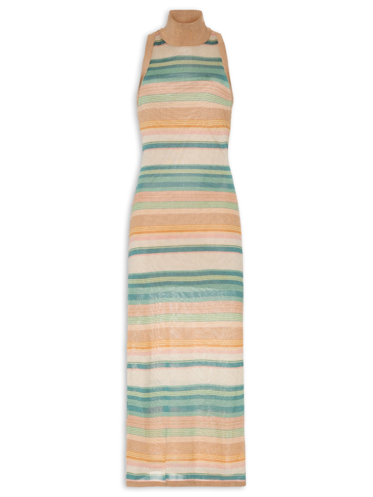 Vestido De Tricot Midi Listrado Com Gola Alta Bege Animale