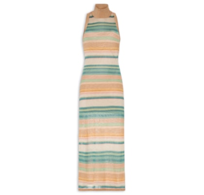 Vestido De Tricot Midi Listrado Com Gola Alta - Bege