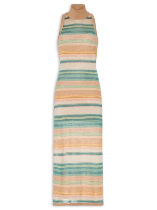 Vestido De Tricot Midi Listrado Com Gola Alta - Bege