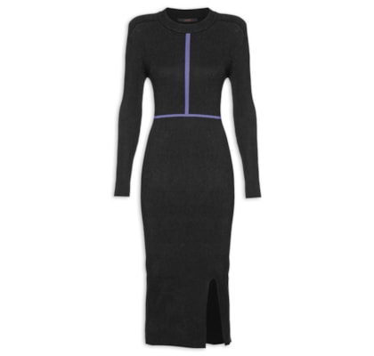 Vestido De Tricot Midi Manga Longa Com Detalhe Listra - Preto