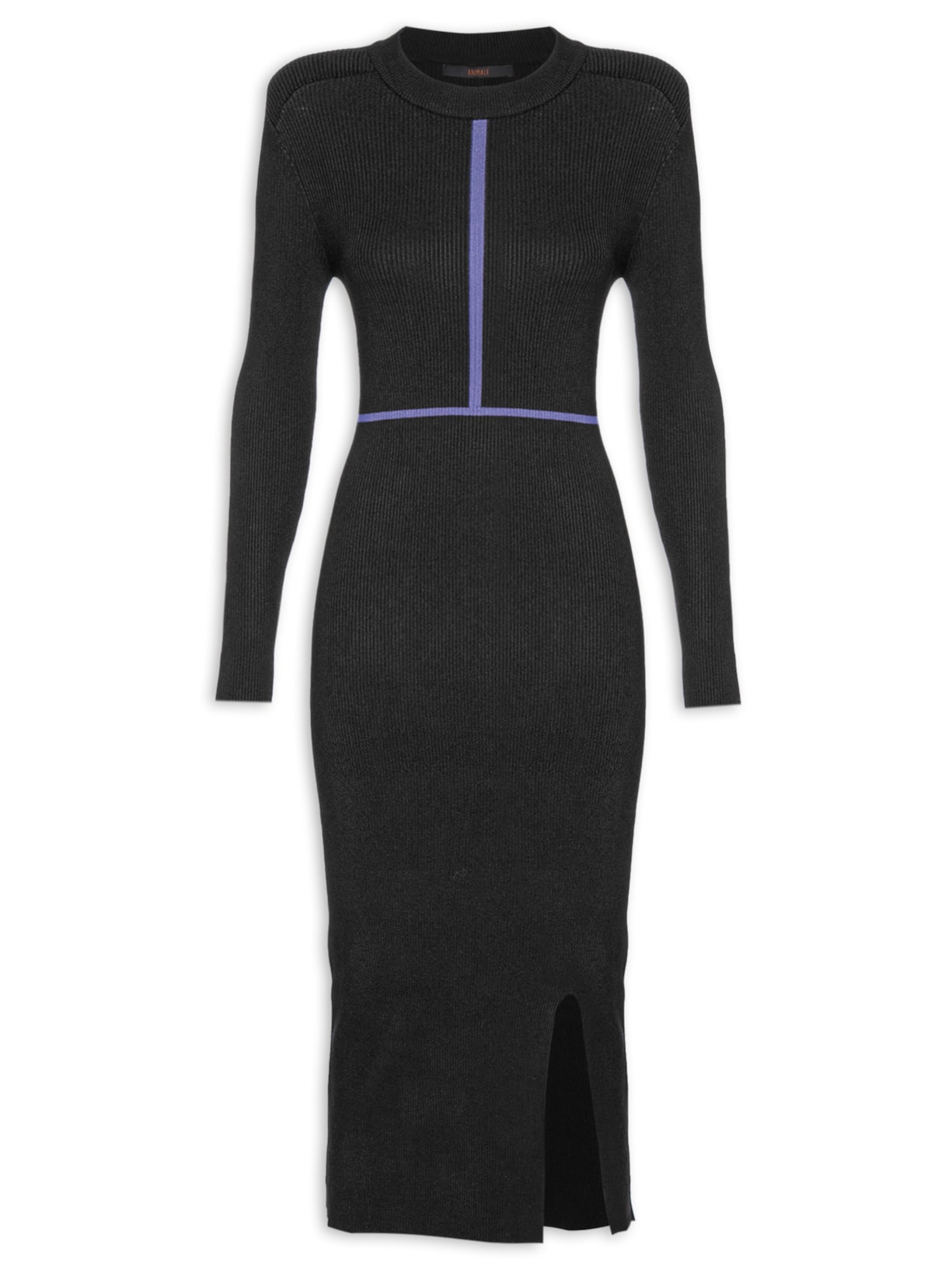 Vestido De Tricot Midi Manga Longa Com Detalhe Listra - Preto