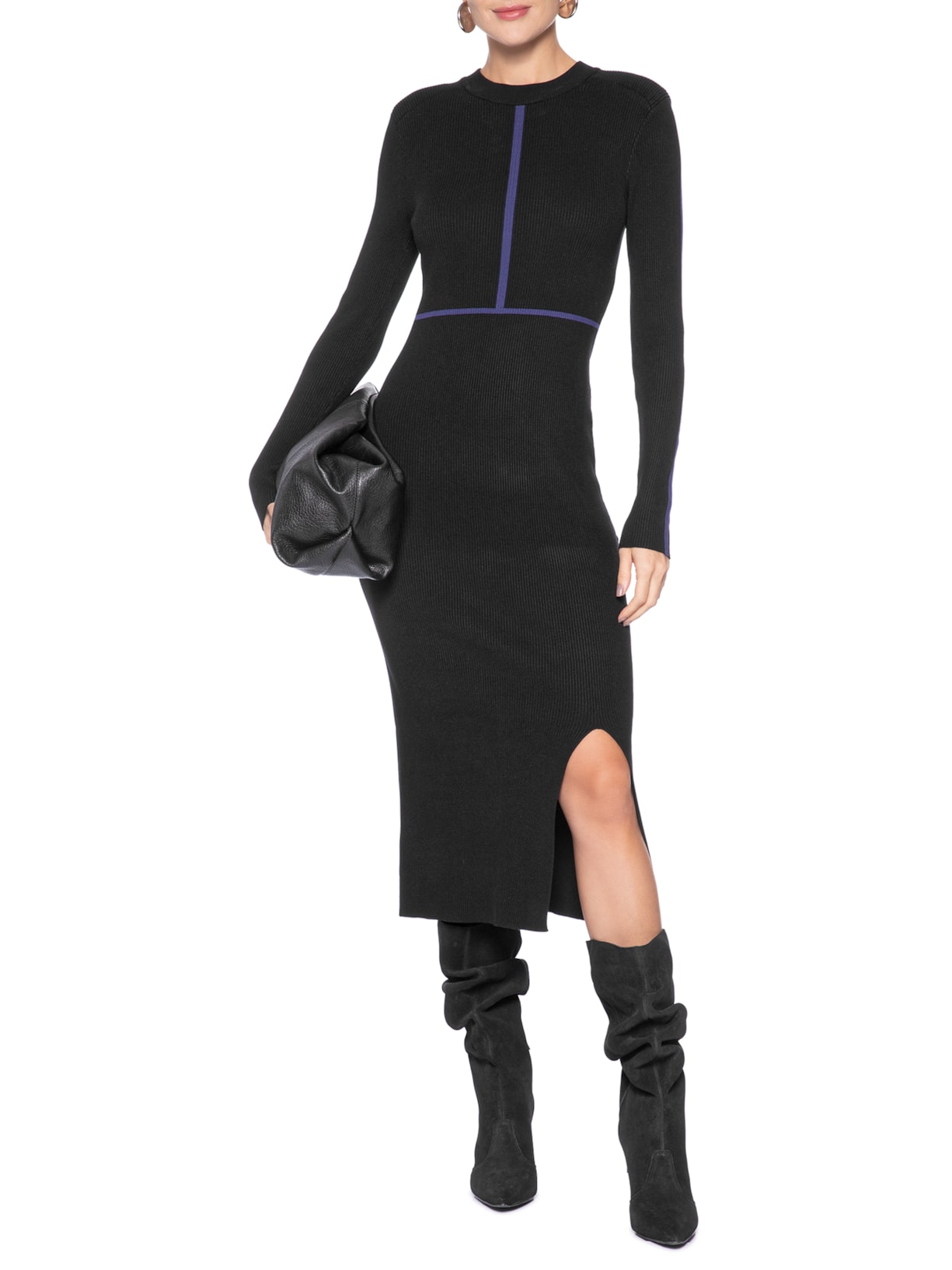 Vestido De Tricot Midi Manga Longa Com Detalhe Listra Preto Animale
