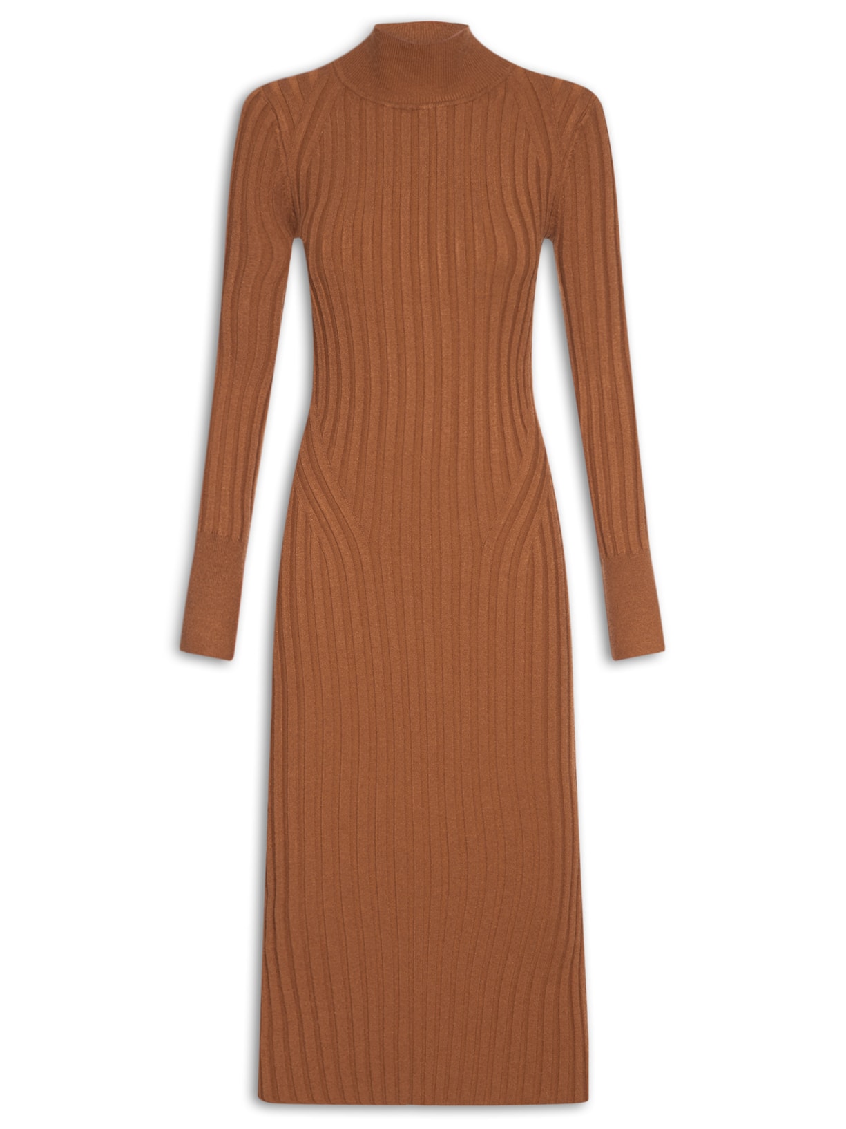 Vestido De Tricot Midi Manga Longa - Marrom
