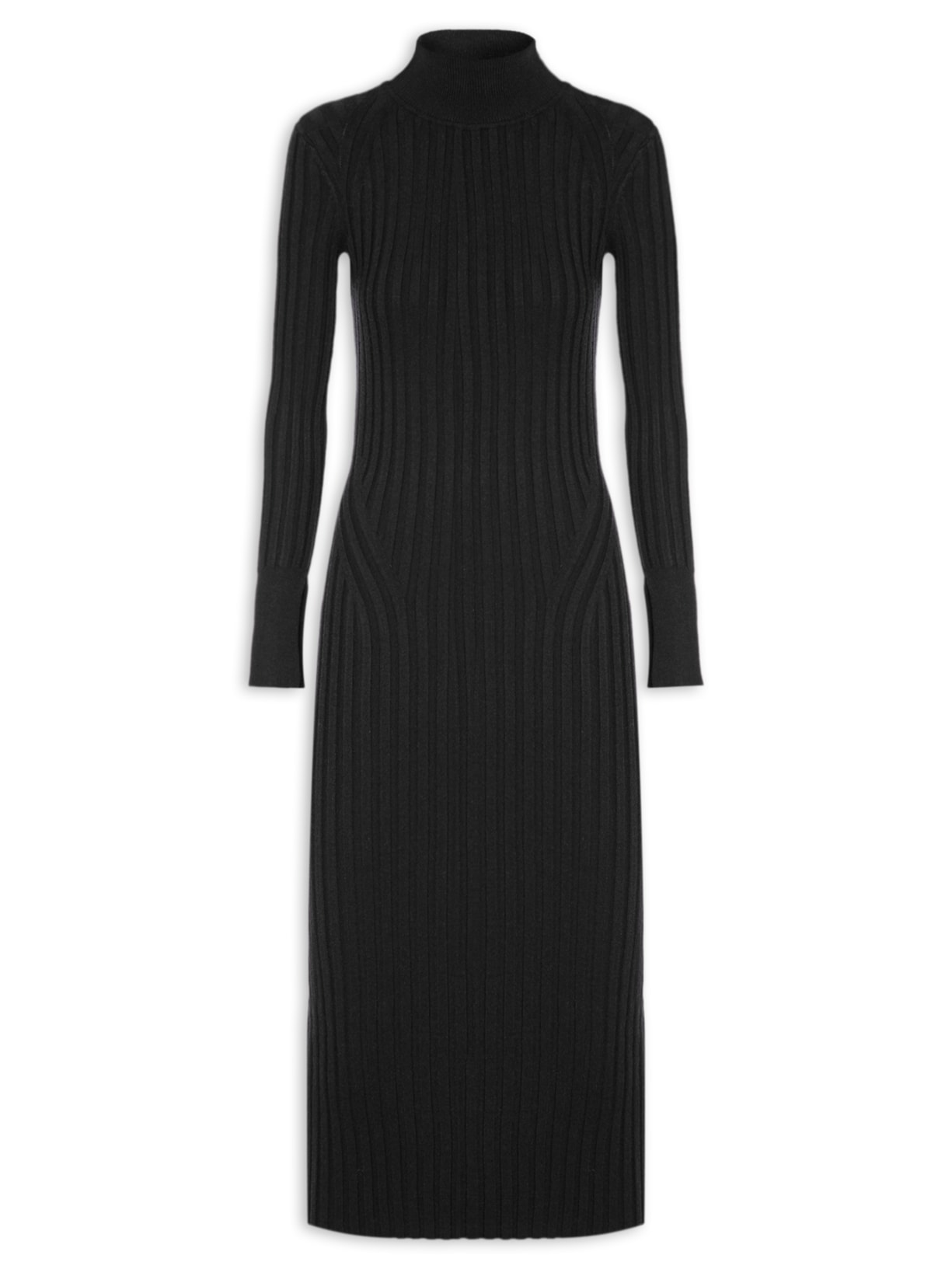 Vestido De Tricot Midi Manga Longa - Preto