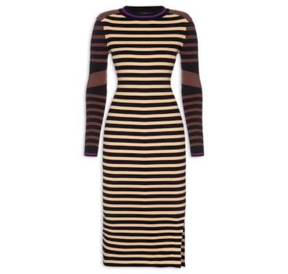 Vestido De Tricot Midi Mix Listras Colors - Preto