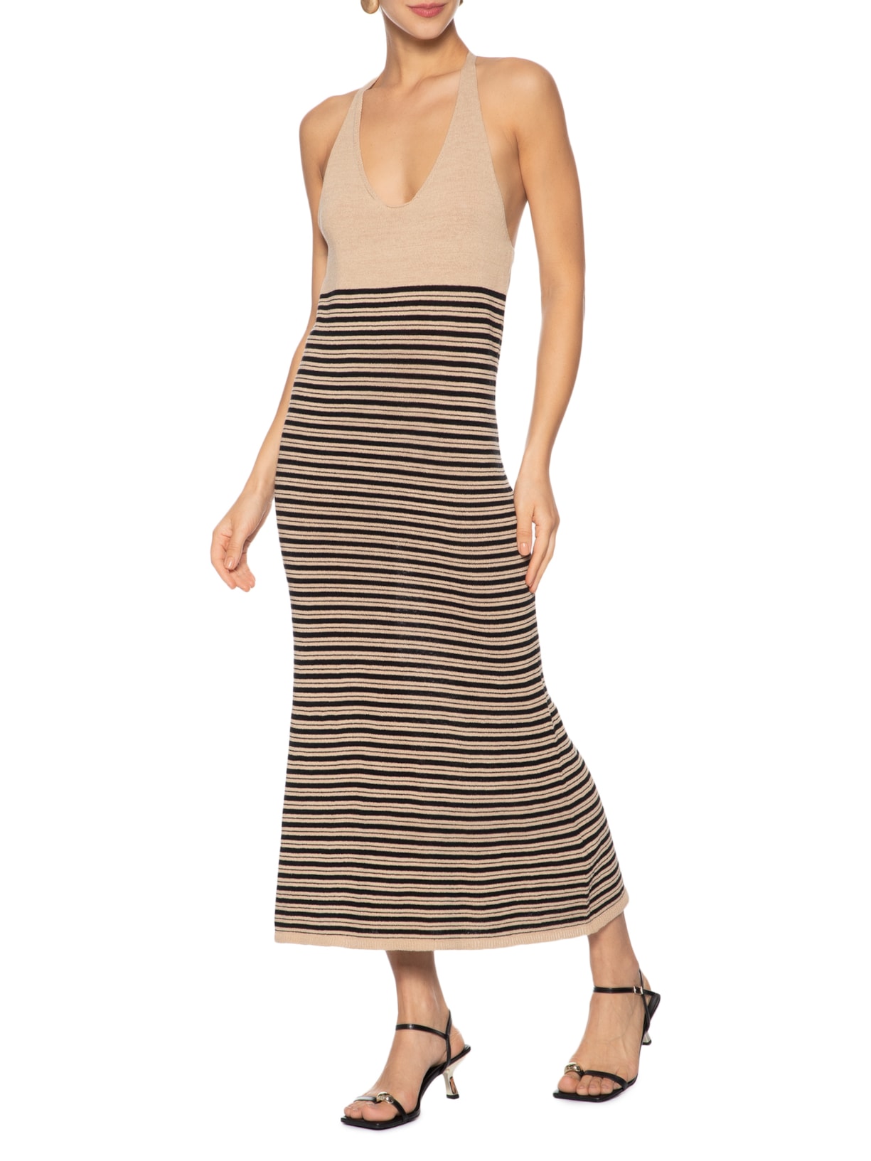 Vestido de tricot mix linho com listra Bege Animale