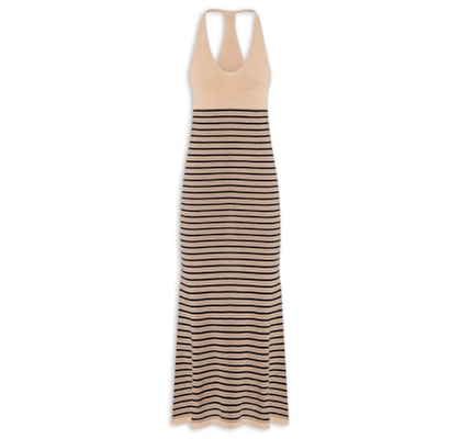 Vestido de tricot mix linho com listra - Bege