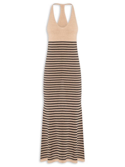 Vestido de tricot mix linho com listra - Bege