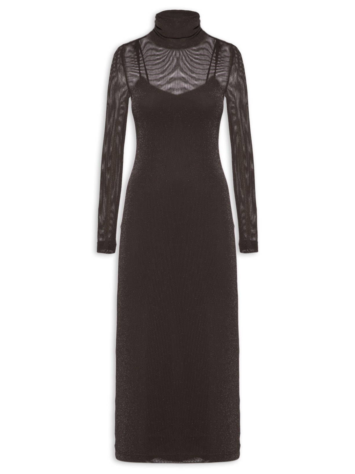 Vestido De Tule Com Brilho Midi - Marrom