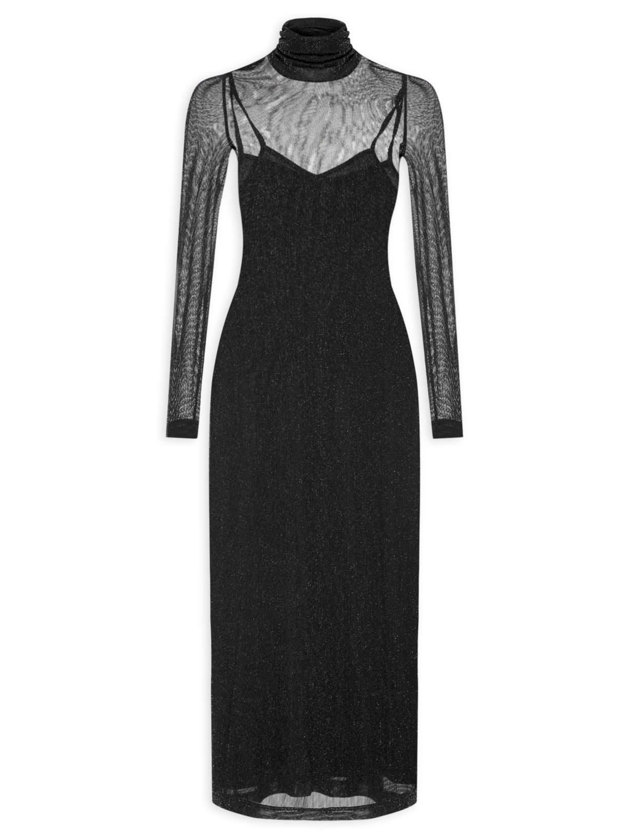 Vestido De Tule Com Brilho Midi - Preto