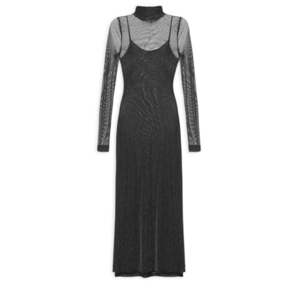 Vestido De Tule Com Glitter Midi - Preto