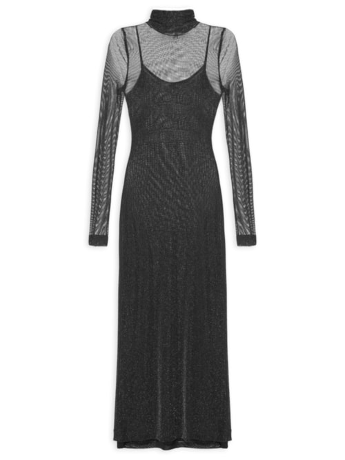 Vestido De Tule Com Glitter Midi - Preto