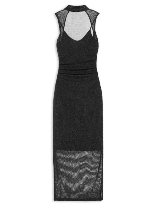 Vestido de Tule Midi com Brilho - Preto
