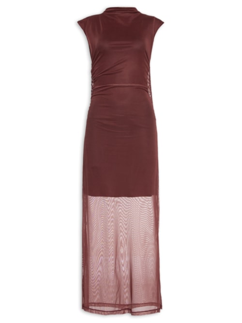 Vestido De Tule Midi Franzidos - Marrom