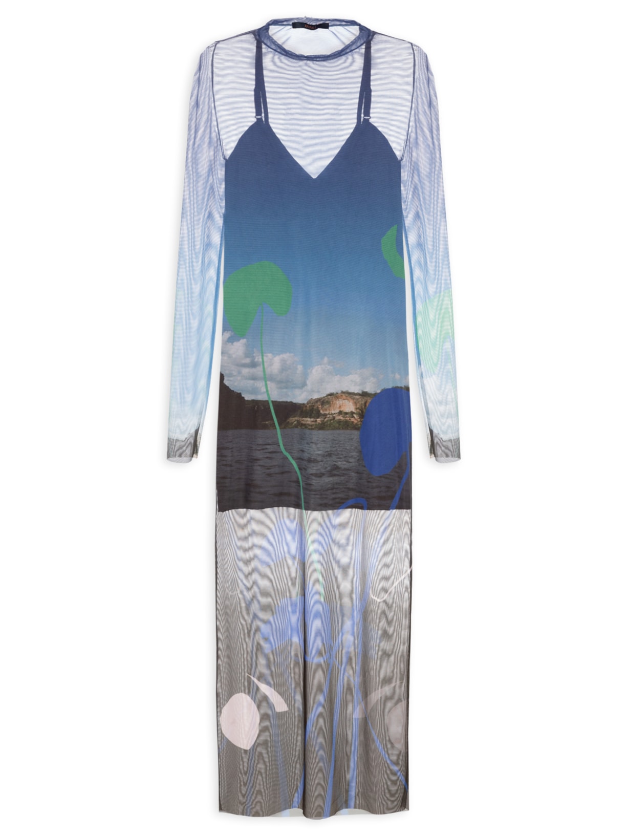 Vestido De Tule Midi Paisagem Azul Animale