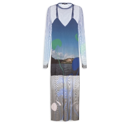 Vestido De Tule Midi Paisagem - Azul
