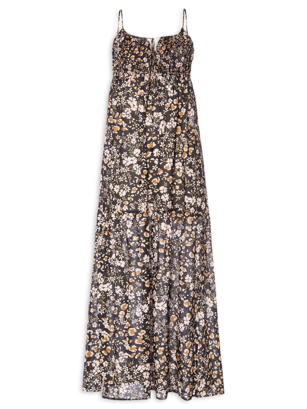 Vestido De Voil De Algodão Camadas Estampado - Preto