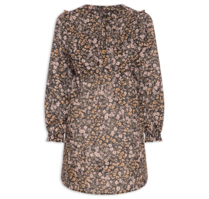 Vestido De Voil De Algodão Curto Boho Estampado - Preto