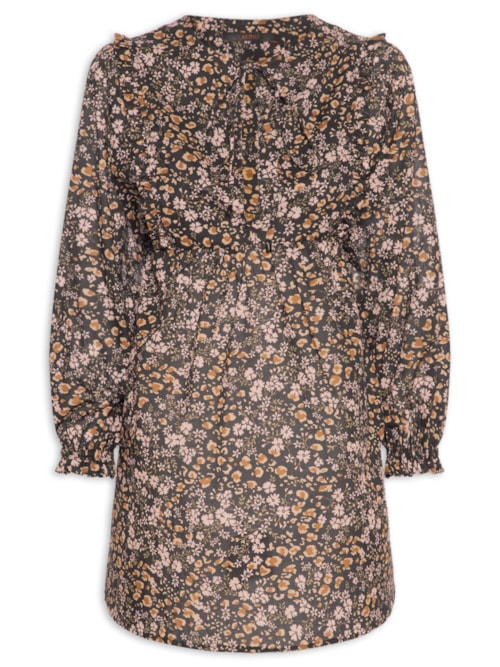 Vestido De Voil De Algodão Curto Boho Estampado - Preto