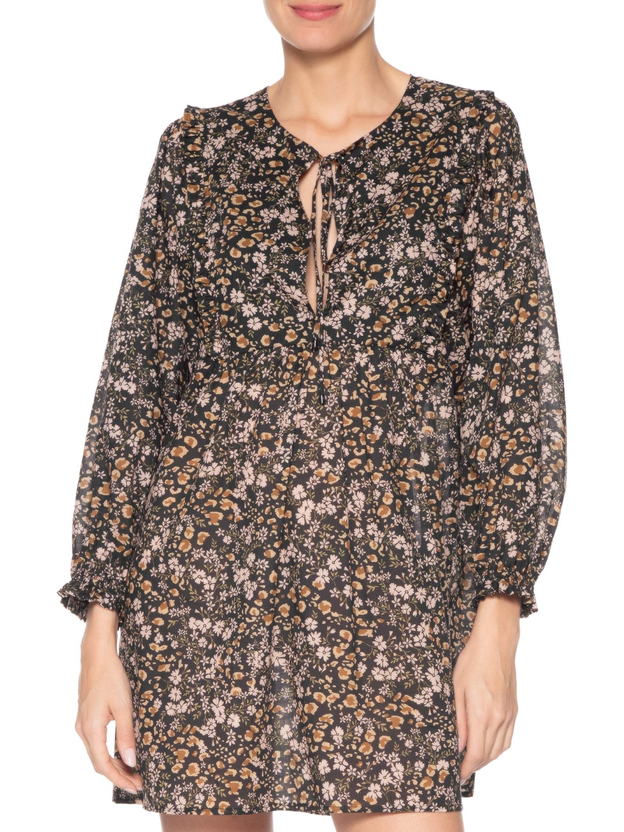 Vestido De Voil De Algodão Curto Boho Estampado Preto Animale